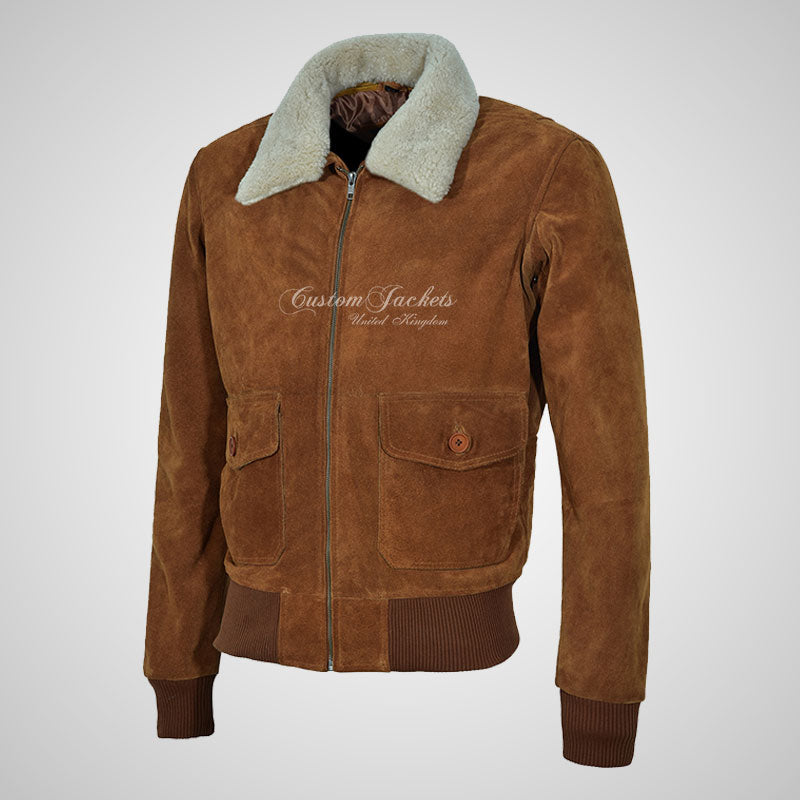 TOP GUN Men's Suede Bomber Jacket White Natural Fur Collar